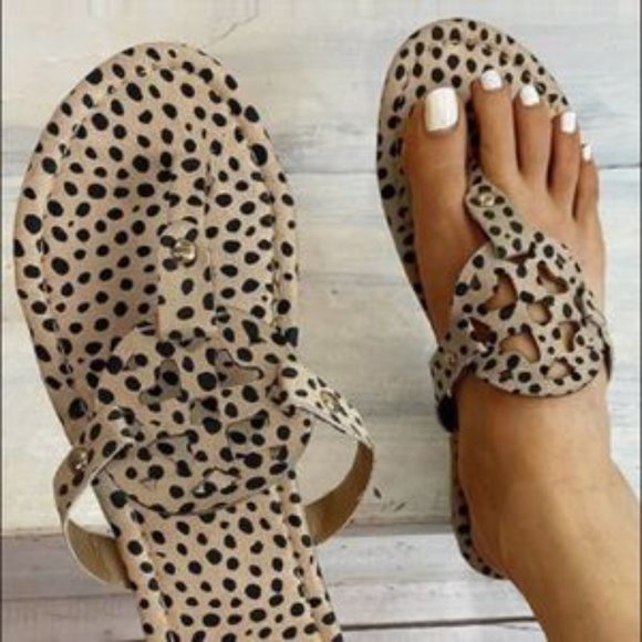 Leopard print sandals vegan suede thong emblem flat slides flip flops cheetah - Picture 4 of 5